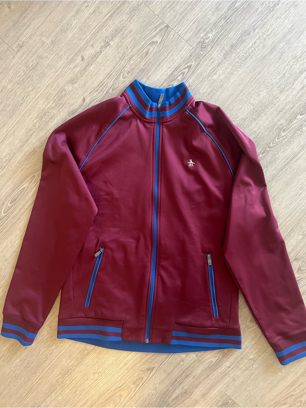 Original Penguin Burgundy Bomber Jacket | Men’s Zip-Up Jacket with Blue Trim